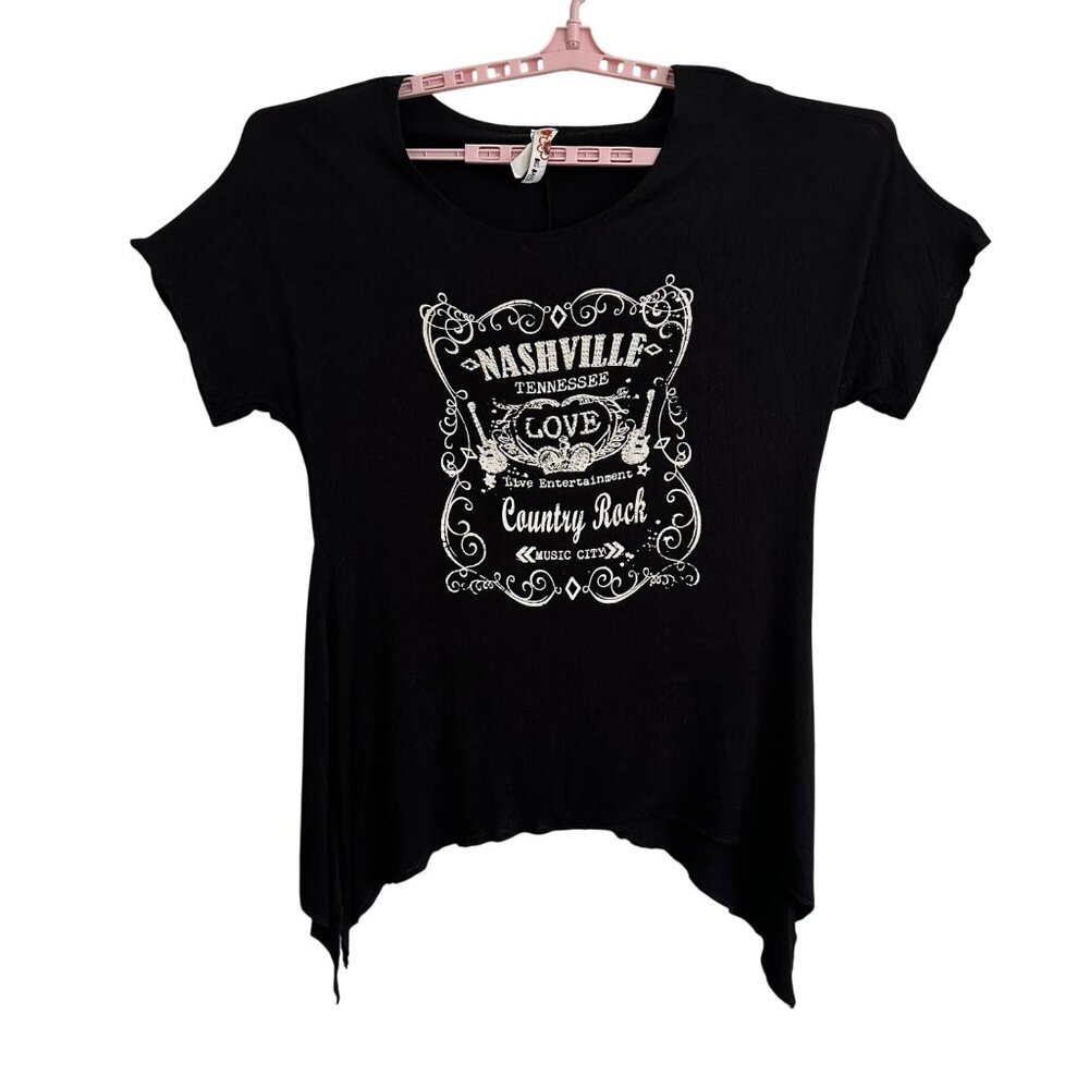 Nashville Country Rock Graphic Women Black Handkerchief Hem Top XL Big Bang USA